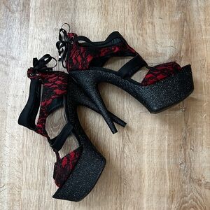 Pleaser Glitter Heels - Black & Red Lace